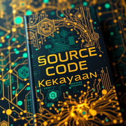 A captivating book cover titled 'Source Code Kekayaan' with a theme of wealth and technology