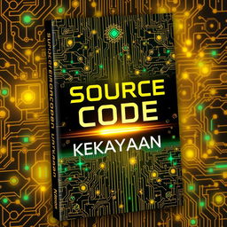 A captivating book cover titled 'Source Code Kekayaan' with a theme of wealth and technology