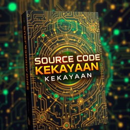 A captivating book cover titled 'Source Code Kekayaan' with a theme of wealth and technology