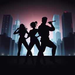 A silhouette image depicting a dynamic group of five figures, consisting of two women and three men