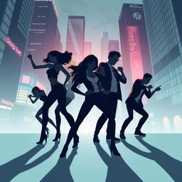 A silhouette illustration capturing a dynamic group of people consisting of two women and three men in action-packed poses, reflecting a modern action genre