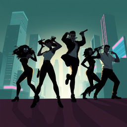 A silhouette illustration capturing a dynamic group of people consisting of two women and three men in action-packed poses, reflecting a modern action genre