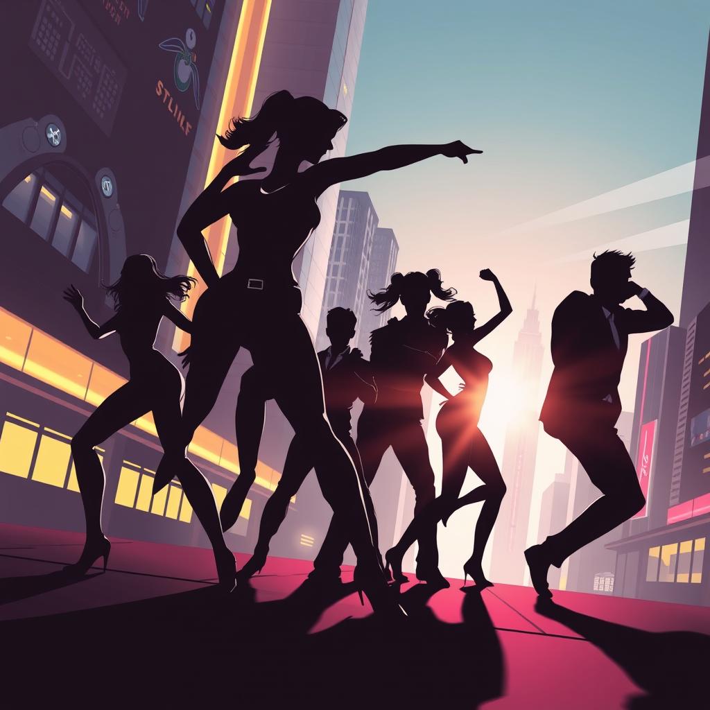 A silhouette illustration capturing a dynamic group of people consisting of two women and three men in action-packed poses, reflecting a modern action genre