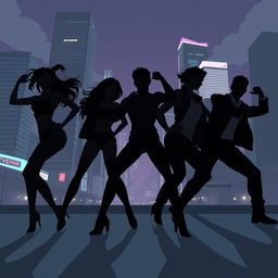 A silhouette illustration capturing a dynamic group of people consisting of two women and three men in action-packed poses, reflecting a modern action genre