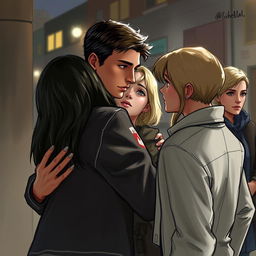 A realistic drawing of a man with short hair embracing a woman while looking at another woman accompanied by a blonde man