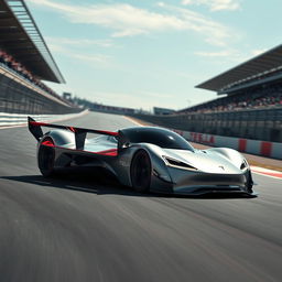 A futuristic Tesla racecar speeding on a track, showcasing a sleek and aerodynamic design with a metallic silver finish and dynamic LED light accents