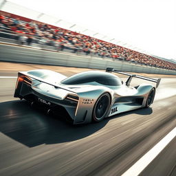 A futuristic Tesla racecar speeding on a track, showcasing a sleek and aerodynamic design with a metallic silver finish and dynamic LED light accents