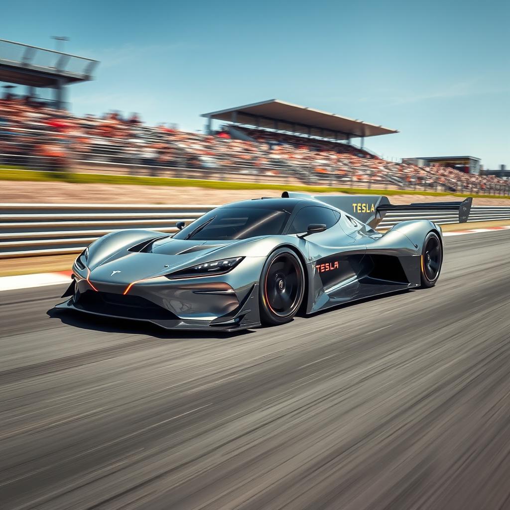 A futuristic Tesla racecar speeding on a track, showcasing a sleek and aerodynamic design with a metallic silver finish and dynamic LED light accents