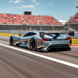 A futuristic Tesla racecar speeding on a track, showcasing a sleek and aerodynamic design with a metallic silver finish and dynamic LED light accents