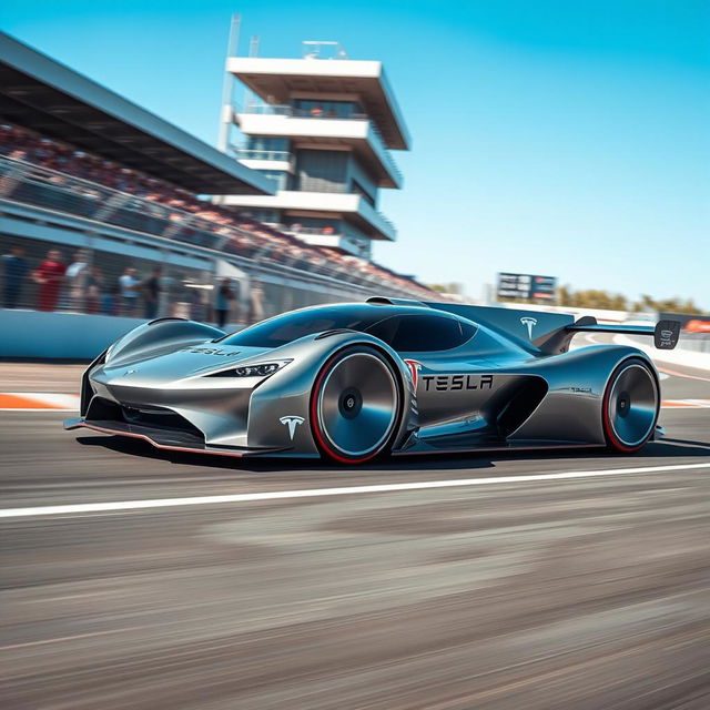 A futuristic Tesla racecar speeding on a track, featuring a sleek and aerodynamic design with a metallic silver finish and eye-catching LED light accents