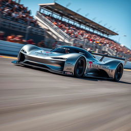 A futuristic Tesla racecar speeding on a track, featuring a sleek and aerodynamic design with a metallic silver finish and eye-catching LED light accents