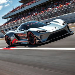 A futuristic Tesla racecar speeding on a track, featuring a sleek and aerodynamic design with a metallic silver finish and eye-catching LED light accents