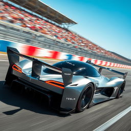 A futuristic Tesla racecar speeding on a track, featuring a sleek and aerodynamic design with a metallic silver finish and eye-catching LED light accents