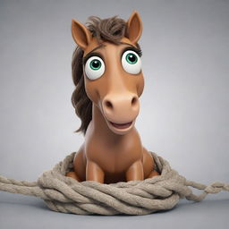 A cartoon horse character humorously tangled up in a rope, with expressively wide eyes and a playful expression