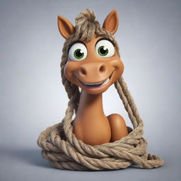 A cartoon horse character humorously tangled up in a rope, with expressively wide eyes and a playful expression