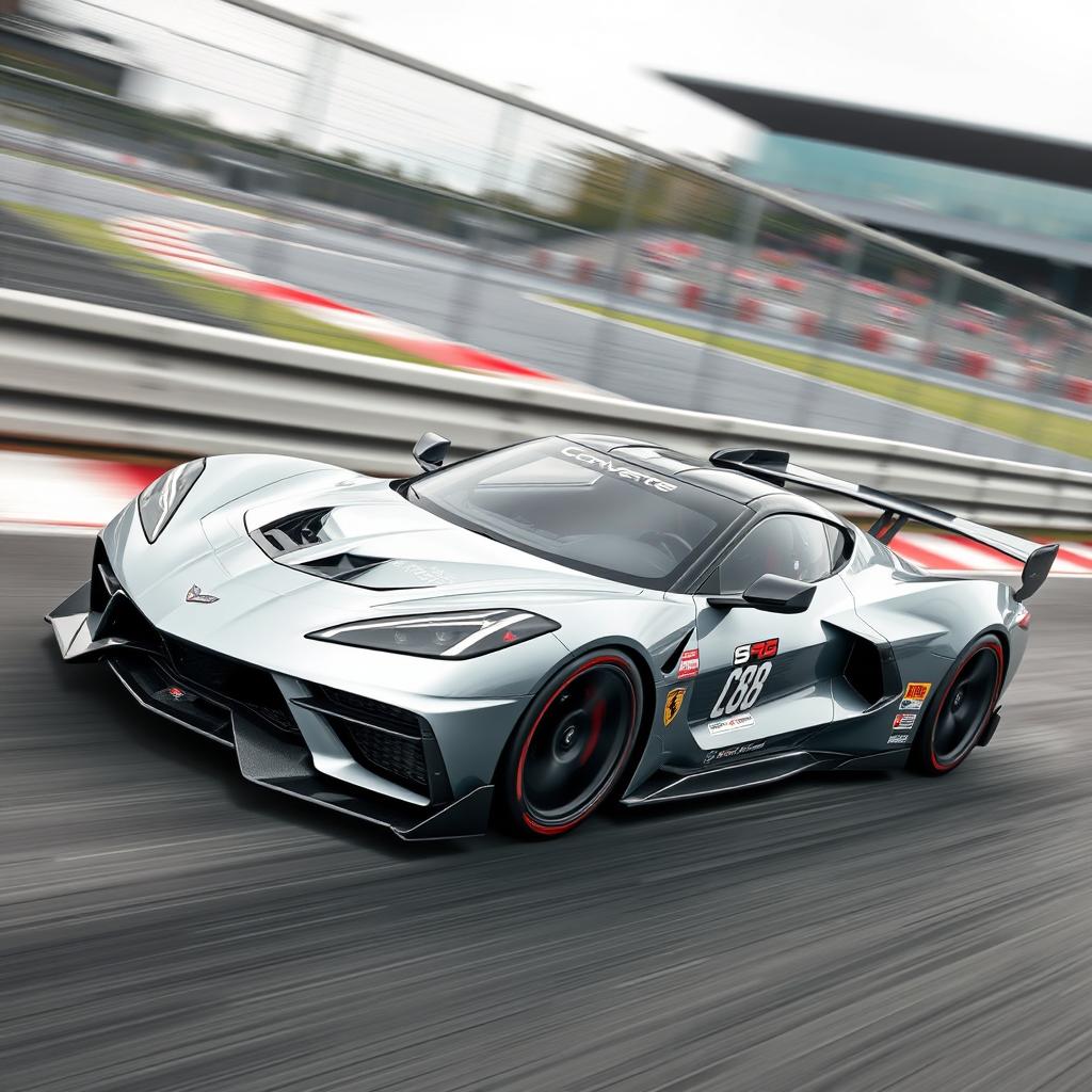 A sleek and futuristic Corvette C8 prototype racecar in a dynamic racing environment