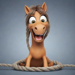 A cartoon horse character humorously tangled up in a rope, with expressively wide eyes and a playful expression