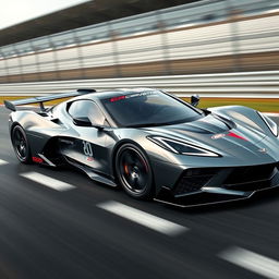 A sleek and futuristic Corvette C8 prototype racecar in a dynamic racing environment