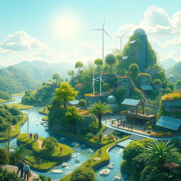 A utopian world where nature and humans coexist harmoniously, showcasing lush green landscapes, pristine rivers, and colorful wildlife