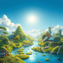 A utopian world where nature and humans coexist harmoniously, showcasing lush green landscapes, pristine rivers, and colorful wildlife