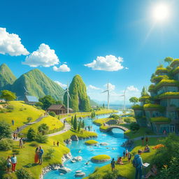 A utopian world where nature and humans coexist harmoniously, showcasing lush green landscapes, pristine rivers, and colorful wildlife