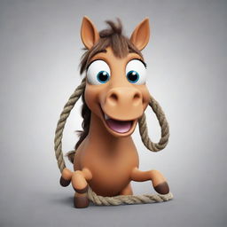 A cartoon horse character humorously tangled up in a rope, with expressively wide eyes and a playful expression