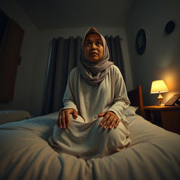 A wide-angle view of a bedroom at night featuring Ustadzah Anisa sitting up on her bed