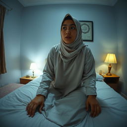 A wide-angle view of a bedroom at night featuring Ustadzah Anisa sitting up on her bed