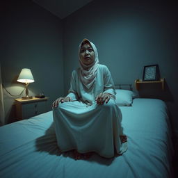 A wide-angle view of a bedroom at night featuring Ustadzah Anisa sitting up on her bed