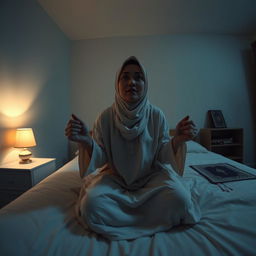 A wide-angle view of a bedroom at night featuring Ustadzah Anisa sitting up on her bed