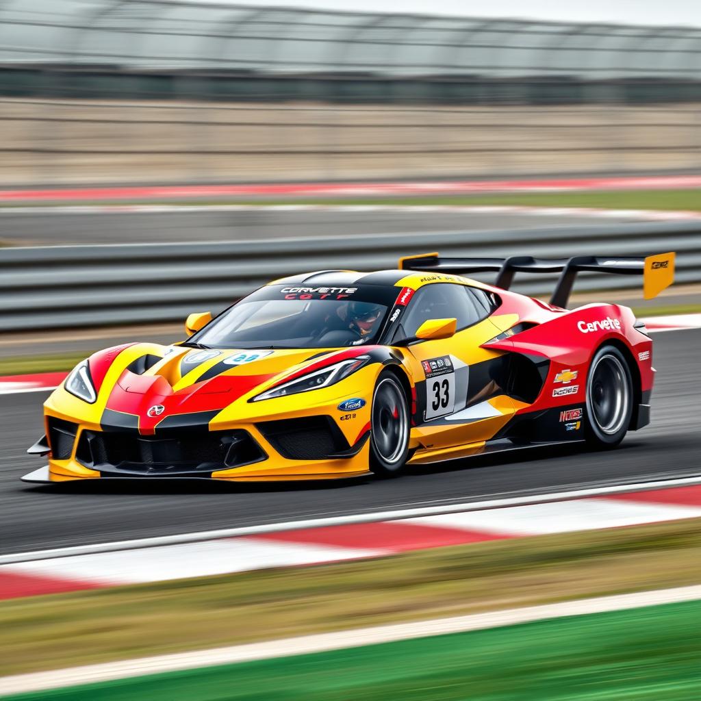 A high-performance Corvette C8 GTP racecar captured on a thrilling racetrack scene