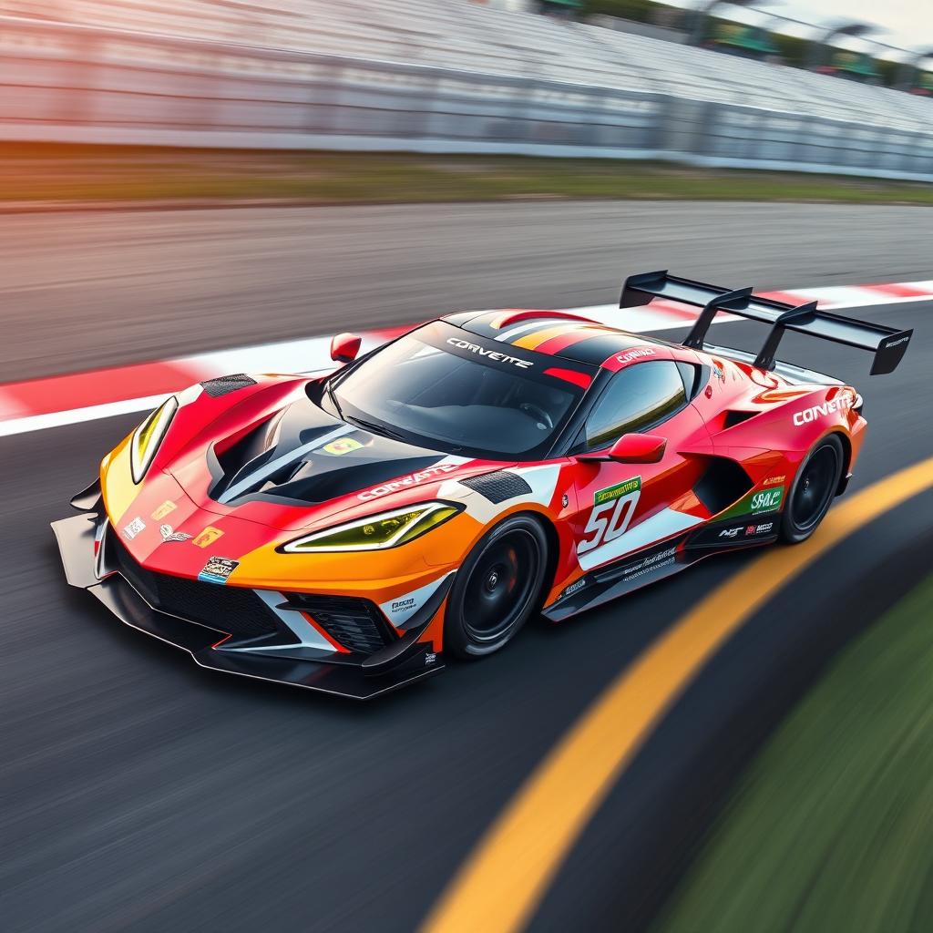 A high-performance Corvette C8 GTP racecar captured on a thrilling racetrack scene