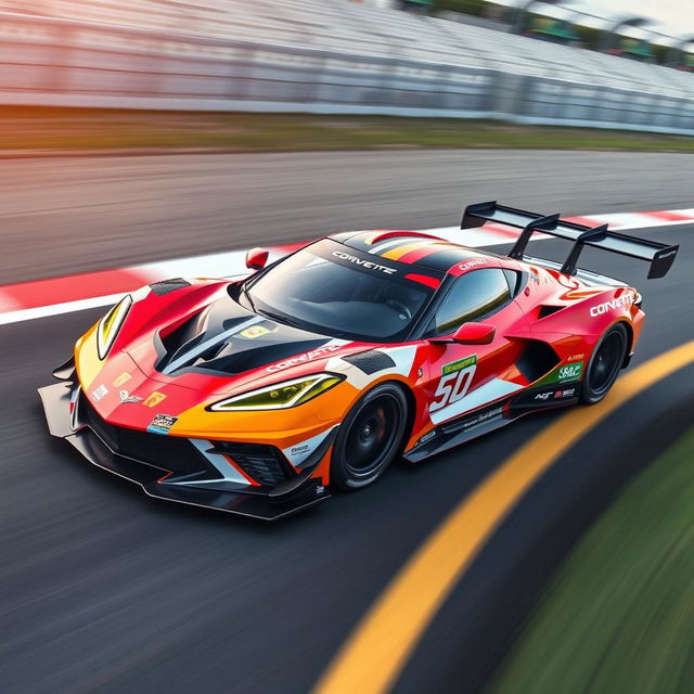 A high-performance Corvette C8 GTP racecar captured on a thrilling racetrack scene