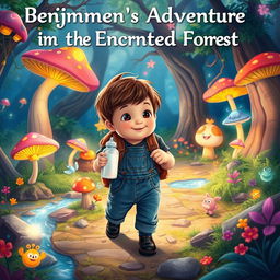 An adventurous scene from the children's story titled "Benjimen's Adventure in the Enchanted Forest