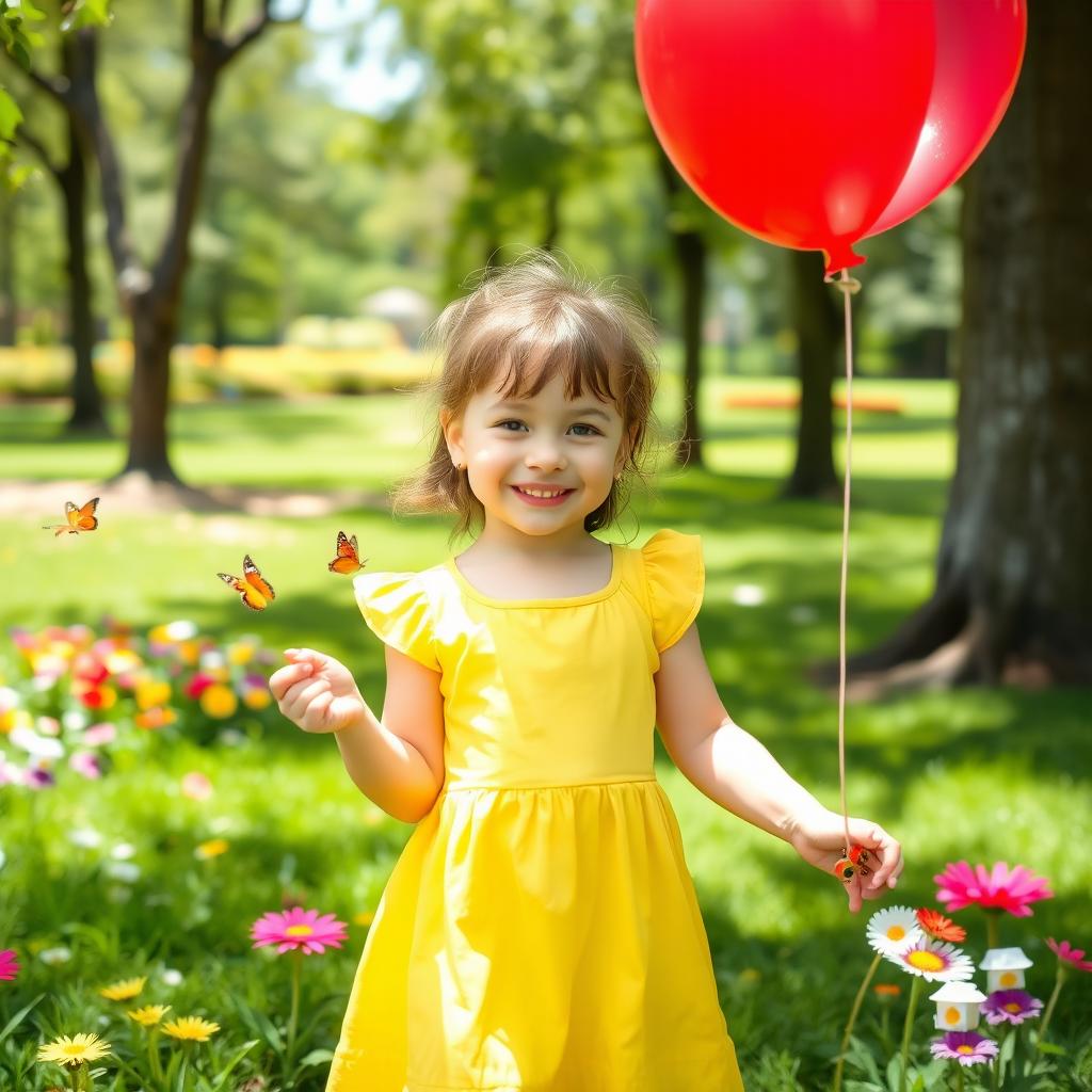 a 7-year-old girl playing in a sunny park, with colorful flowers and butterflies surrounding her, wearing a bright yellow dress and a joyful smile