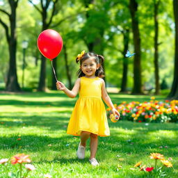 a 7-year-old girl playing in a sunny park, with colorful flowers and butterflies surrounding her, wearing a bright yellow dress and a joyful smile