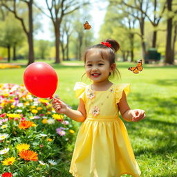 a 7-year-old girl playing in a sunny park, with colorful flowers and butterflies surrounding her, wearing a bright yellow dress and a joyful smile