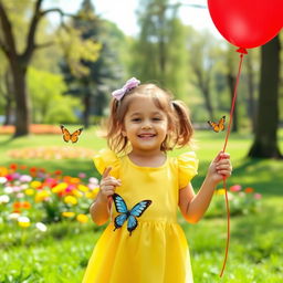 a 7-year-old girl playing in a sunny park, with colorful flowers and butterflies surrounding her, wearing a bright yellow dress and a joyful smile