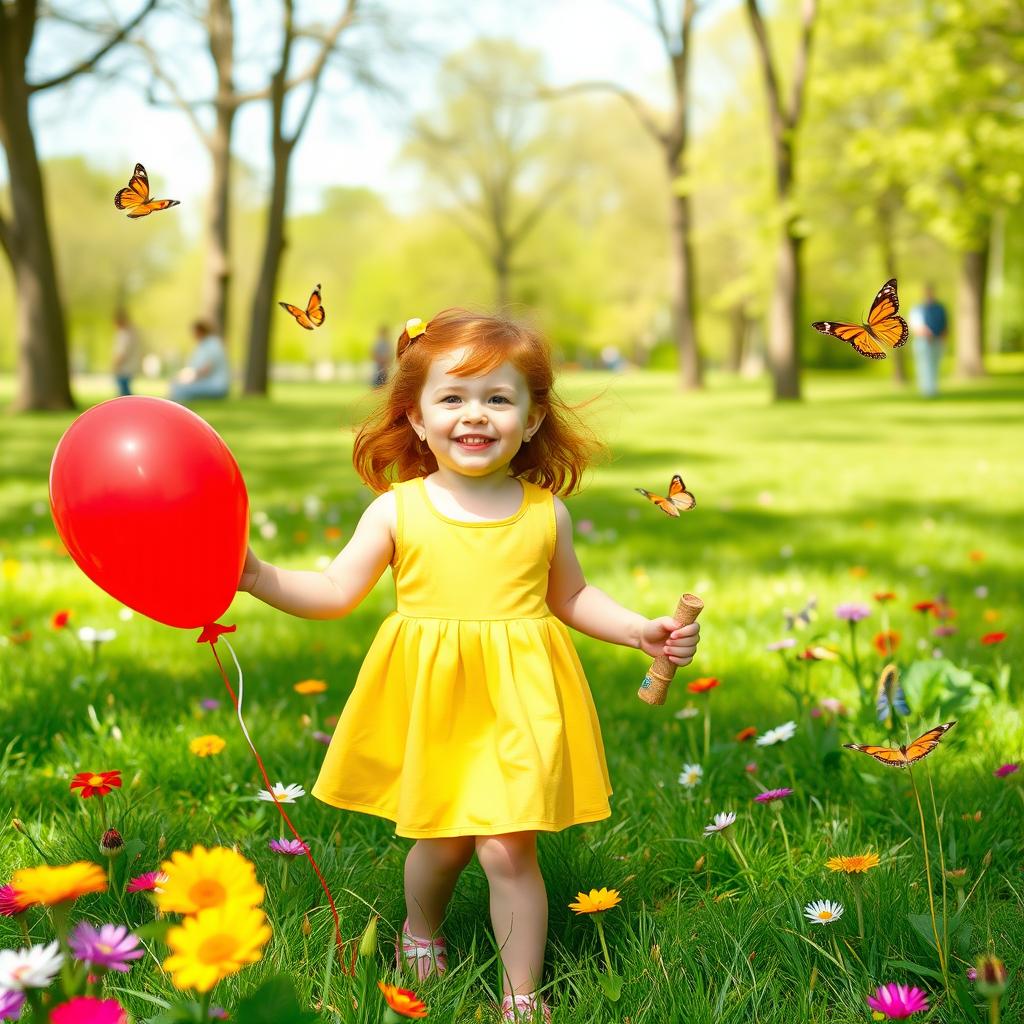 A 7-year-old girl with red hair, height 91 cm, and weight 19 kg, playing in a sunny park