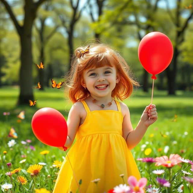 A 7-year-old girl with red hair, height 91 cm, and weight 19 kg, playing in a sunny park