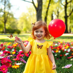 A 7-year-old girl with red hair, height 91 cm, and weight 19 kg, playing in a sunny park