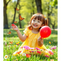 A 7-year-old Asian girl with red hair, height 91 cm, and weight 19 kg, playing in a sunny park