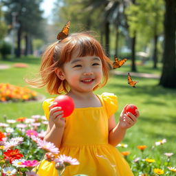 A 7-year-old Asian girl with red hair, height 91 cm, and weight 19 kg, playing in a sunny park