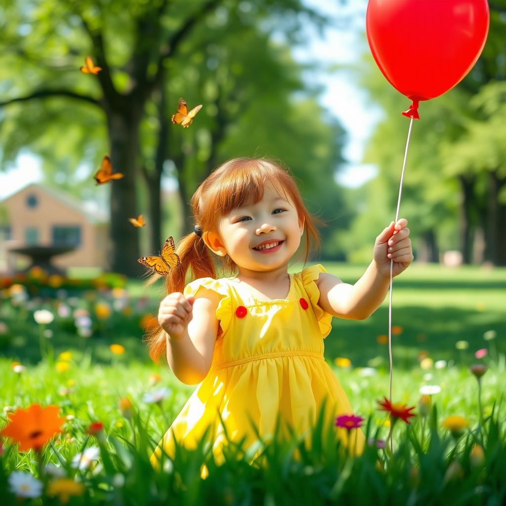 A 7-year-old Asian girl with red hair, height 91 cm, and weight 19 kg, playing in a sunny park