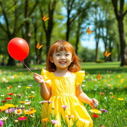A 7-year-old Asian girl with red hair, height 91 cm, and weight 19 kg, playing in a sunny park