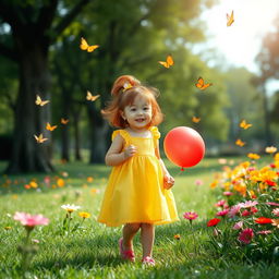 A young Asian girl with red hair, standing at a height of 91 cm and weighing 19 kg, joyfully playing in a sunlit park