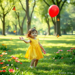 A young Asian girl with red hair, standing at a height of 91 cm and weighing 19 kg, joyfully playing in a sunlit park