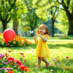 A young Asian girl with red hair, standing at a height of 91 cm and weighing 19 kg, joyfully playing in a sunlit park