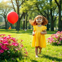 A young Asian girl with red hair, standing at a height of 91 cm and weighing 19 kg, joyfully playing in a sunlit park