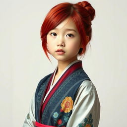 A young Asian girl with striking red hair, styled elegantly, showcasing unique cultural fashion